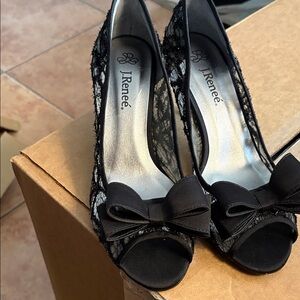 J.Renee Black Lace Peep-Toe Heels with Bow Accents